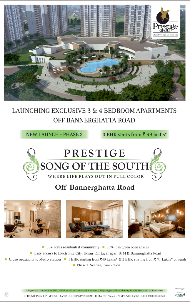 Prestige Song Of The South, launching exclusive 3 & 4 bedroom apartments in Off Bannerghatta Road Update